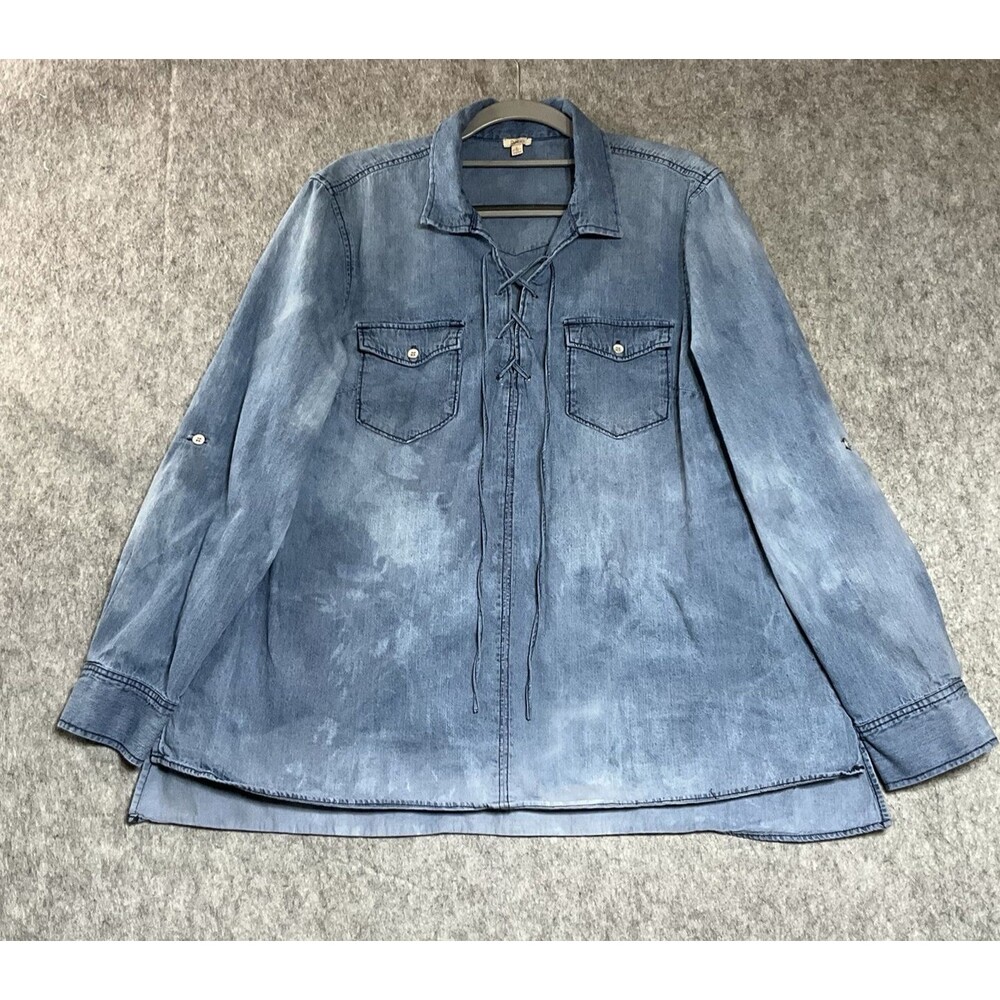 Reba Hand Dyed Shirt Womens Large Blue Denim Upcycled Artsy Southwest Boho Top